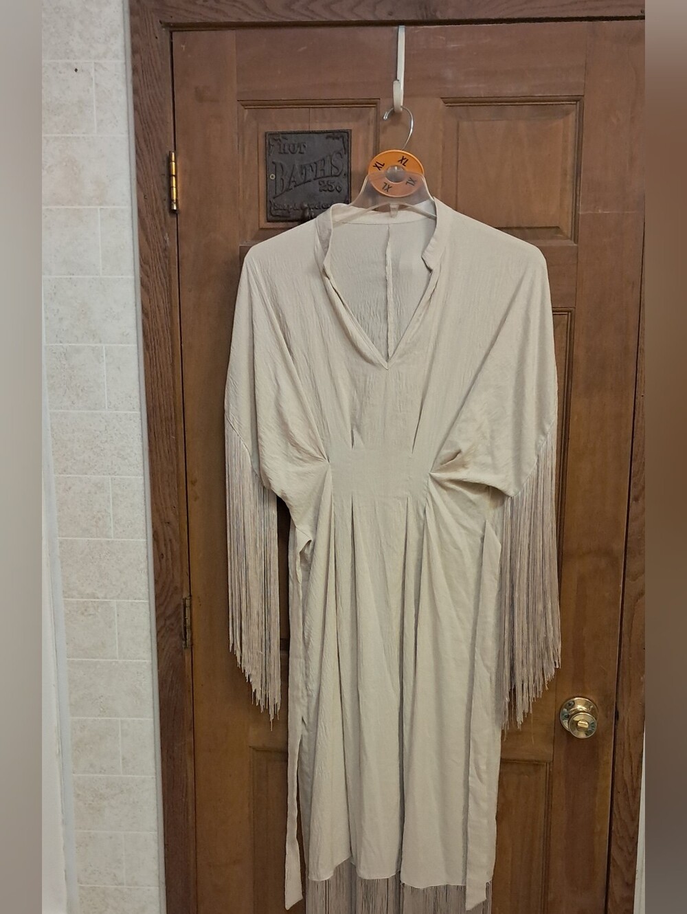 Women’s Cream Fringe Sleeve Midi Dress